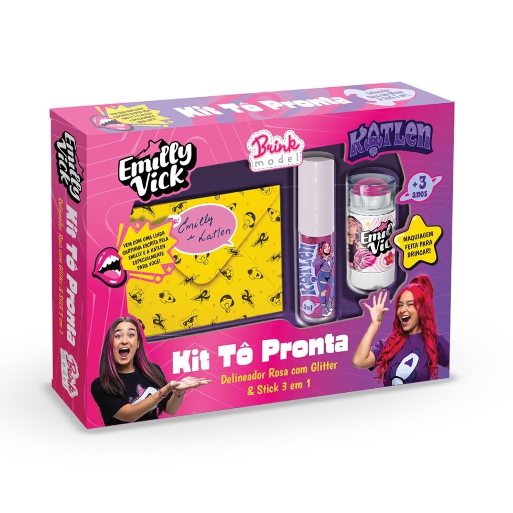 Kit Maquiagem Infantil Tô Pronta Emilly Vick E Katlen Dos Rosa Com Cartinha - Brink Model