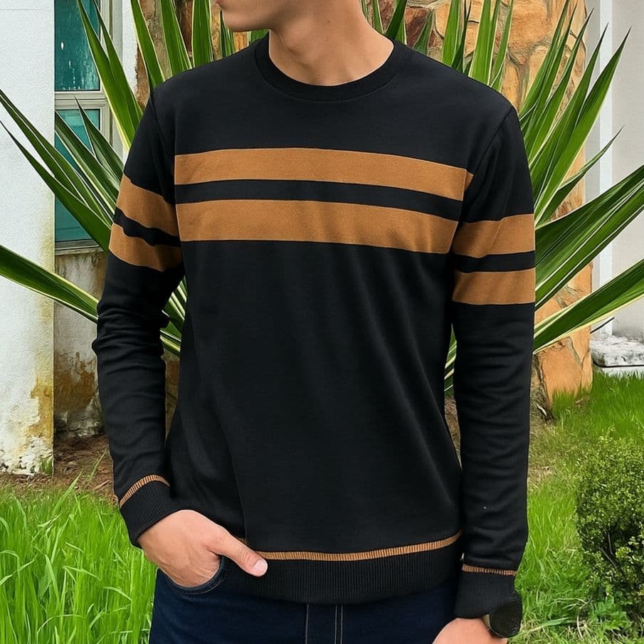 Blusa Trico Masculina Listrada Gola Careca - Suéter Básico Confortável Manga Longa