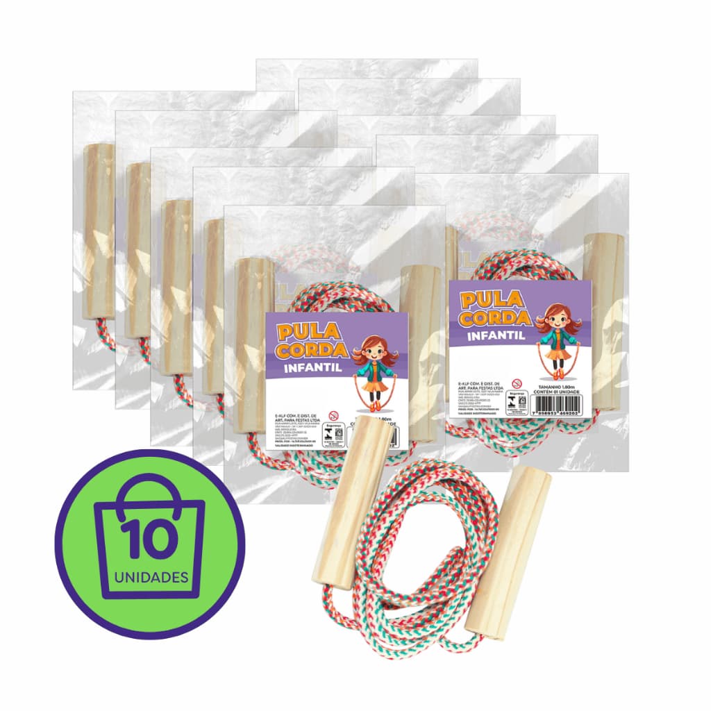 Kit 10 Pula Corda Infantil 1,8m Cabo de Madeira prenda