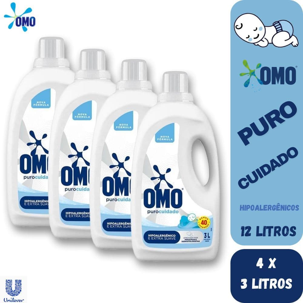Lava Roupas Líquido Omo Hipoalergênico Roupas Finas, Roupas de Bebê e Crianças Puro Cuidado 3L