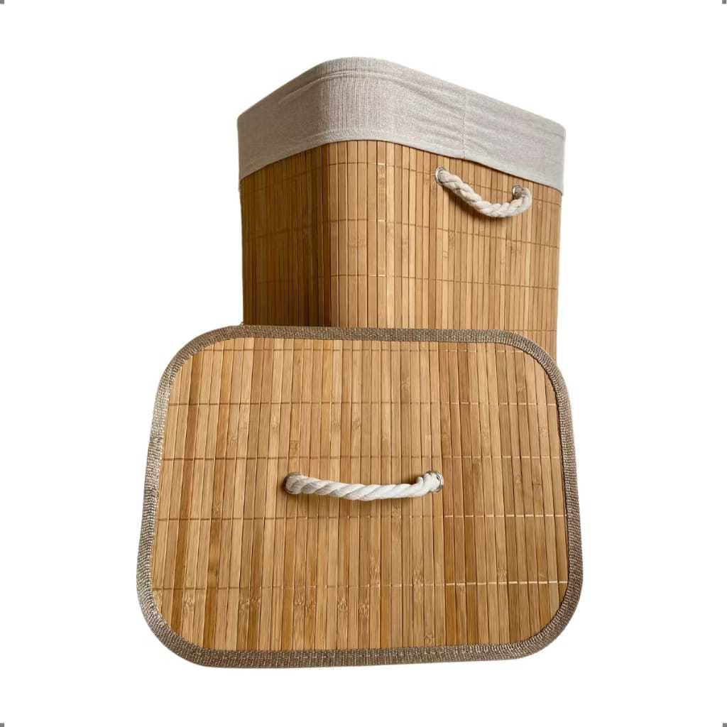 Cesto de Roupa Suja de Bambu 70 L com Tampa e Alças Organizador forrado Banheiro Dobrável