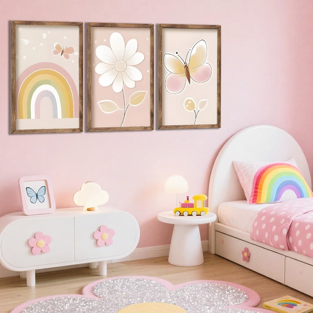 Kit 3 Quadros Decorativos De Quadros De Flores  Borboletas E Arco   íris Quarto Para Crianças