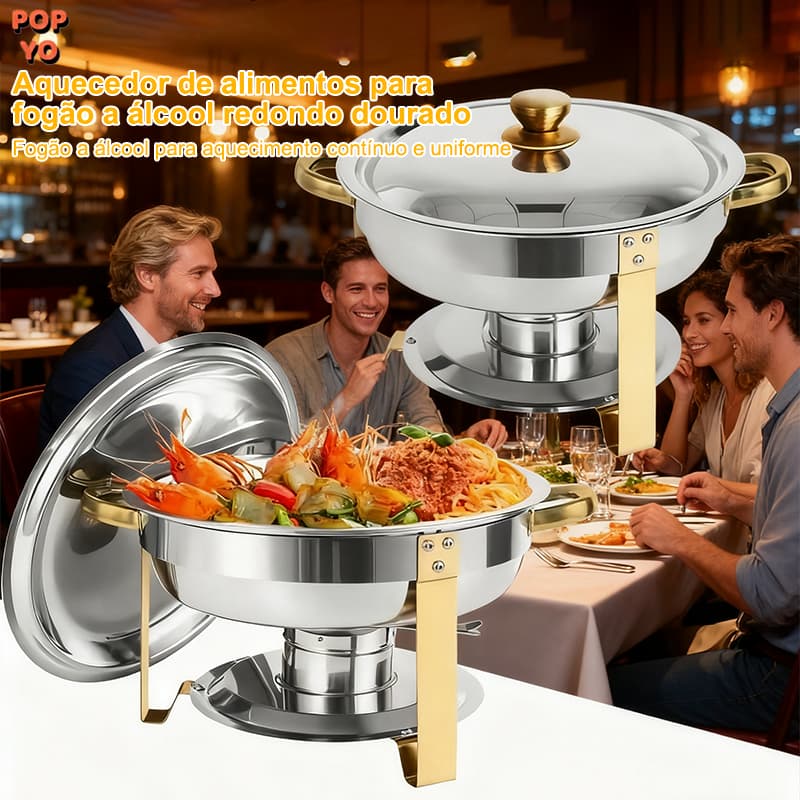 Rechaud Inox Redondo 6 Litros Banho Maria Aquecedor Alimento aço inox litros Aço Inox6 POP YO