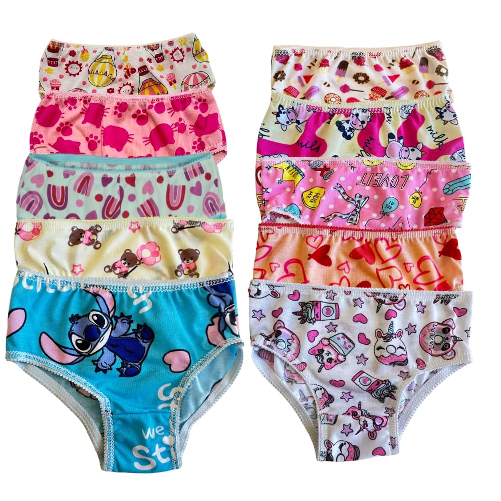 Calcinha infantil kit com 5 e 10 estampas sortidas para meninas de 0 a 9 anos forro algodão