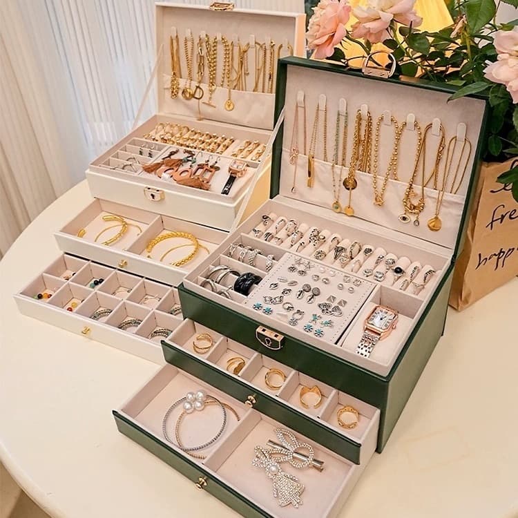 Caixa de Joias de 3 Camadas Organizador Multifuncional em Couro Porta Jóias de Várias Camadas Q19/Q11