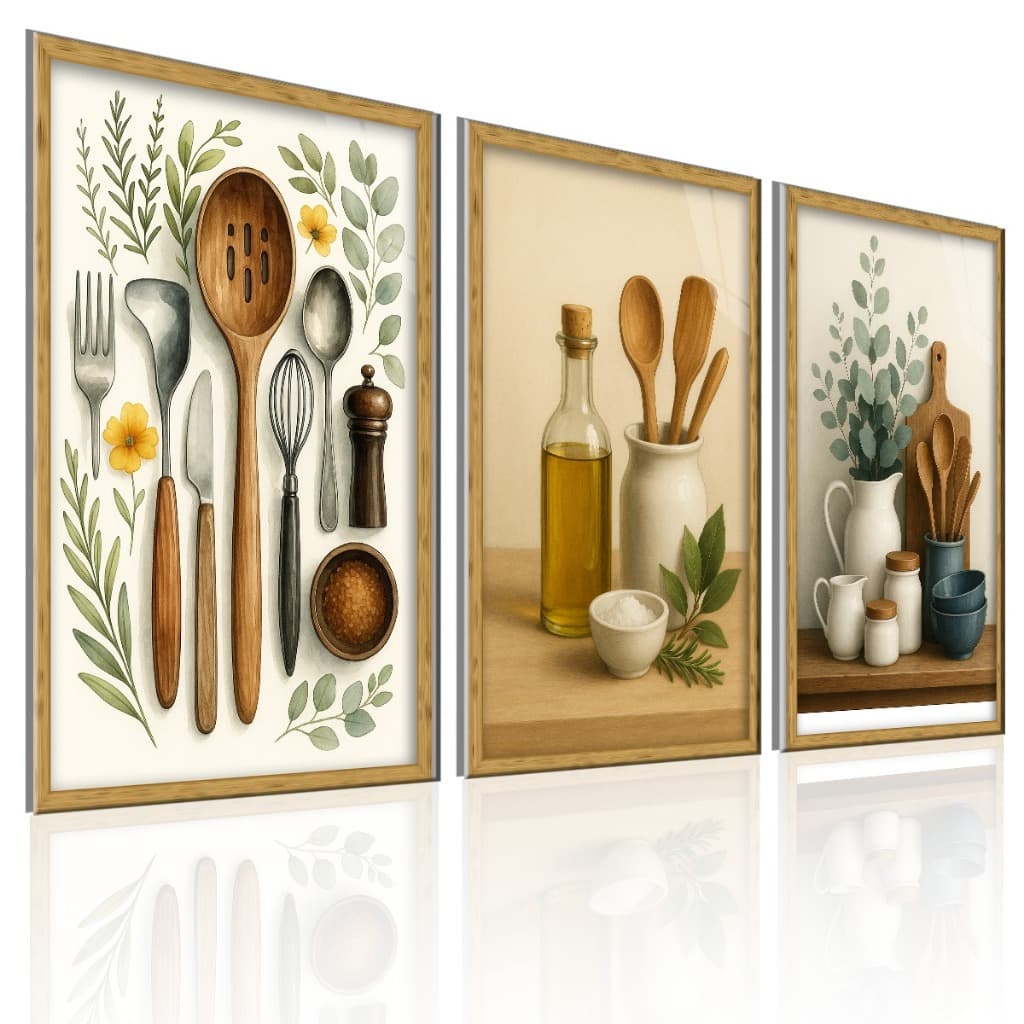 Kit 3 Quadros Decorativos Utensílios Cozinha Gourmet Moderno Sala Jantar Parede Exclusivo