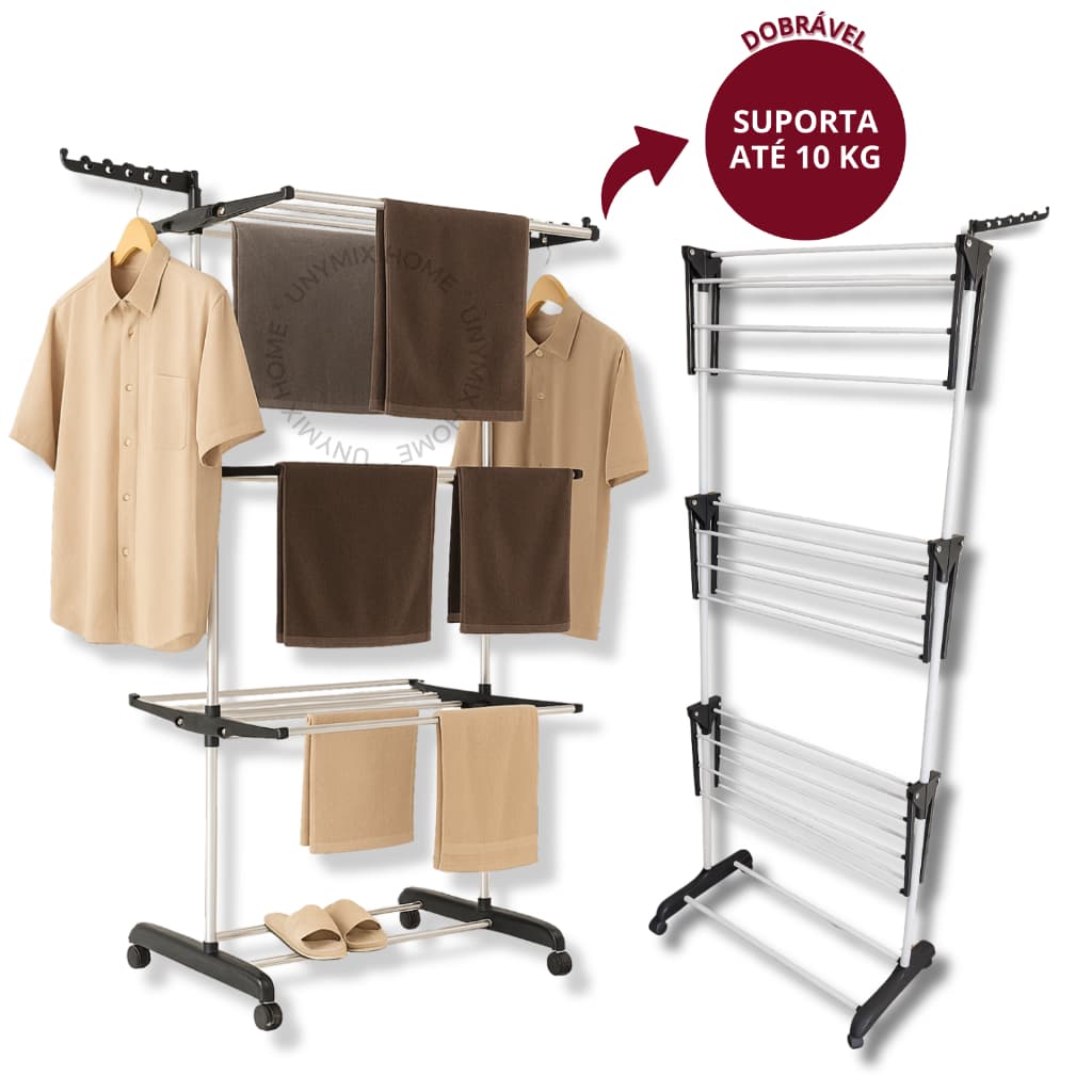 Varal De Chão Vertical 3 Andares Grande Prateleira Dobrável