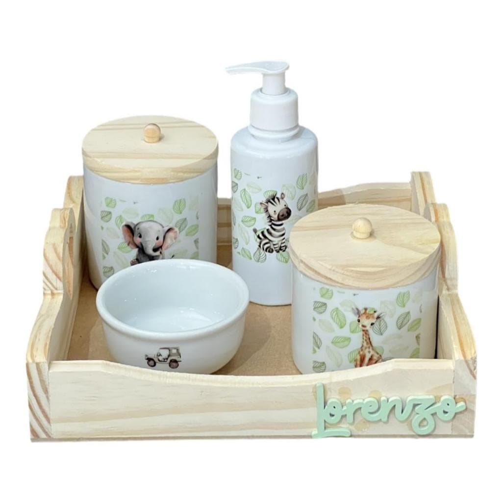 Kit Higiene Bebê Porcelana Safari s Adesivo DTF UV Escolha A Bandeja