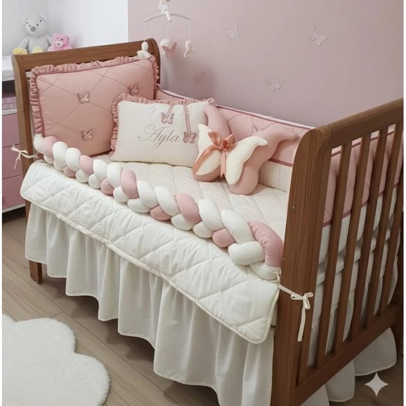 Kit Berço Americano 10 peças trança/rolinho meninas rose blush/nervuras/ BORBOLETA DE ASA