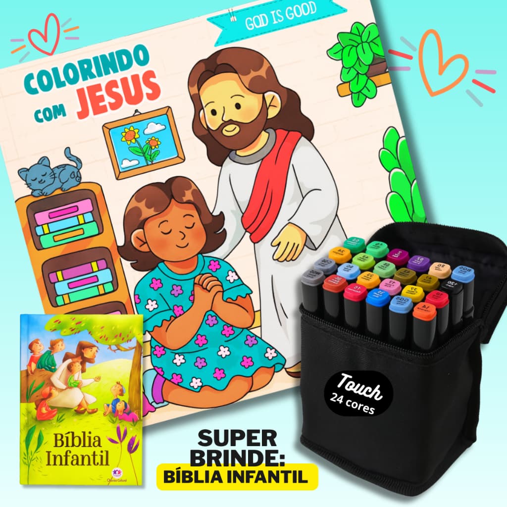 Kit Colorindo com Jesus Livro de Colorir Bíblico Infantil + 24 Canetinhas + Bíblia Infantil