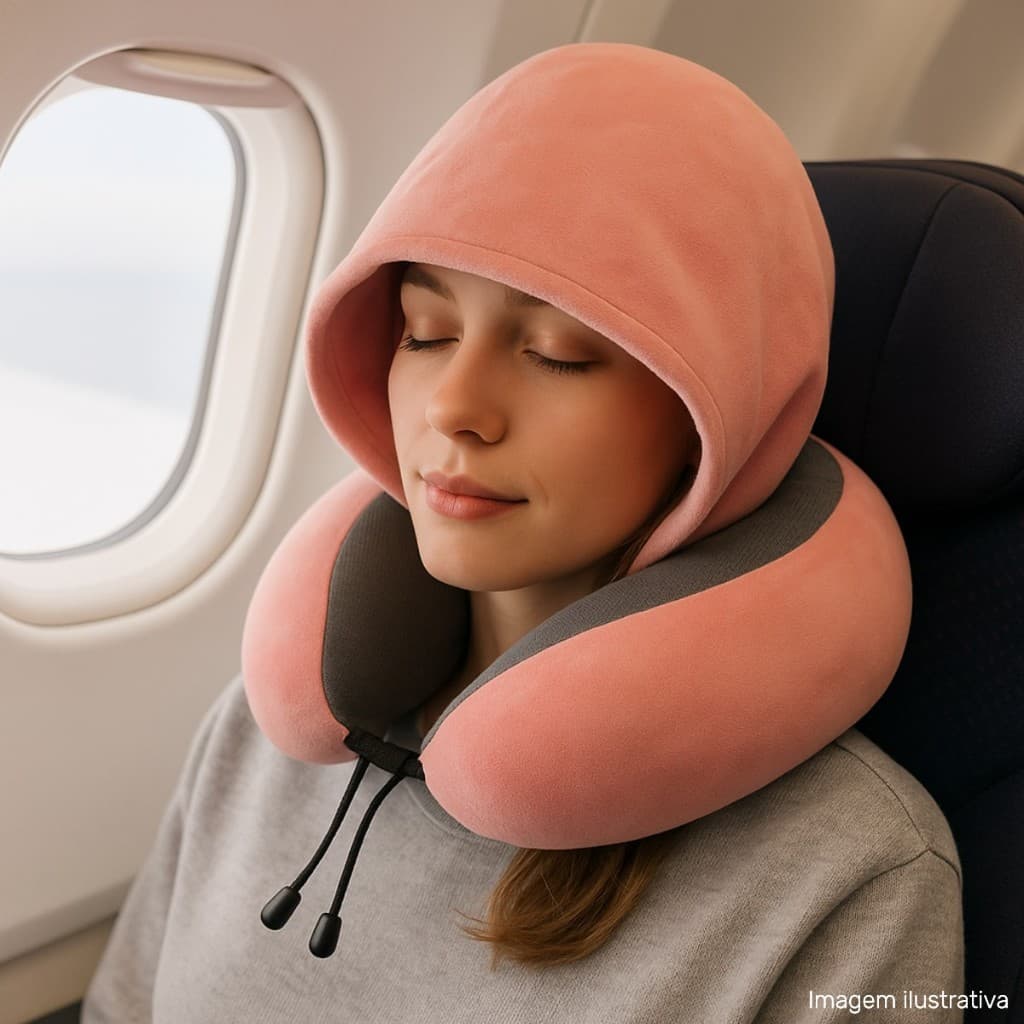 Almofada de Pescoço Travesseiro Descanso Viagem Confortável Espuma Ergonômica com Capuz