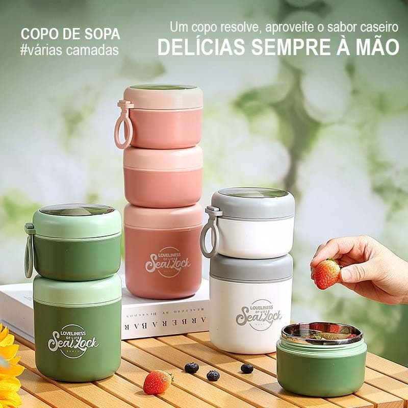Marmita Térmica Aço Inox 304 com Colher 290ml, 530ml e 600ml, 1 Peça ou Kit 2 e 3 Peças, Vedação