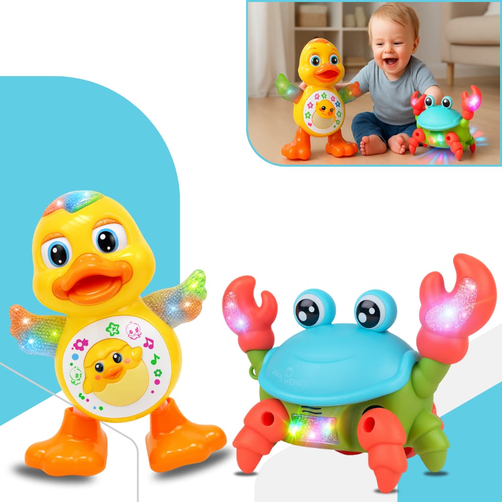 Kit 1/2 Brinquedos Infantil Pato Musical e Caranguejo Fujão de Luz Movimento Criança Bebê Dia Da Crianças