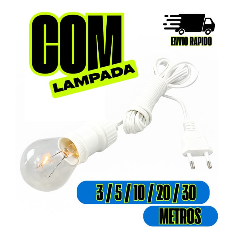 Soquete com Rabicho Extensor Bivolt + Lâmpada - 3m, 5m, 10m, 20m e 30m | Encaixe E27