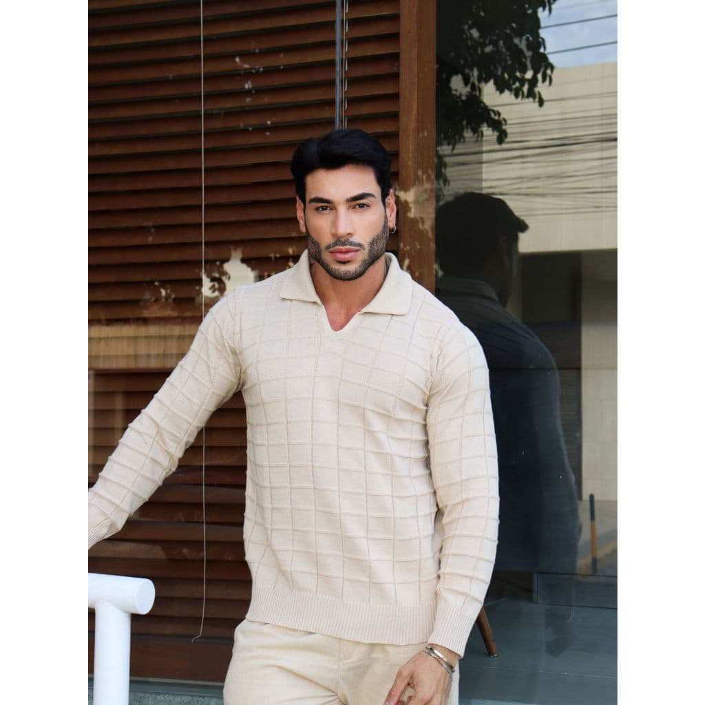 Suéter masculino tricot com gola polo detalhe quadriculado manga cumprida alta qualidade outono inveno envio imediato.