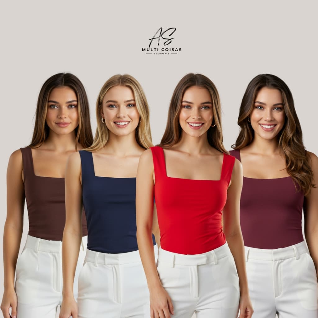 KIT COM 4 REGATA COM DECOTE QUADRADO E ALÇA LARGA FORRO DUPLO FRONTAL FACULDADE TRABALHO DIA A DIA