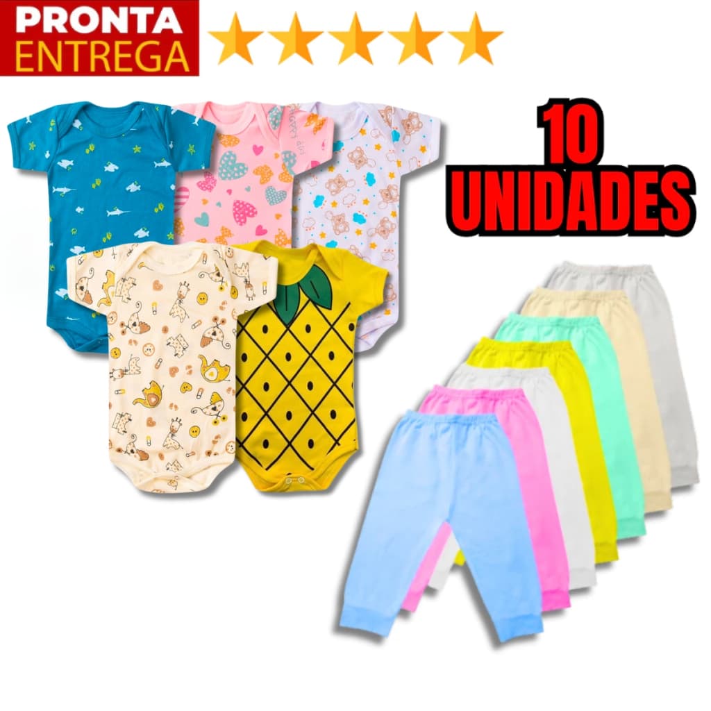 Kit 10 Peças Roupinha de Bebê Body Curto Estampado e Mijão Infantil
