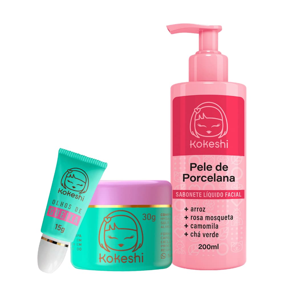 Kit Limpeza e Hidratação Facial Pele de Porcelana Kokeshi Sabonete Olhos de Gueixa