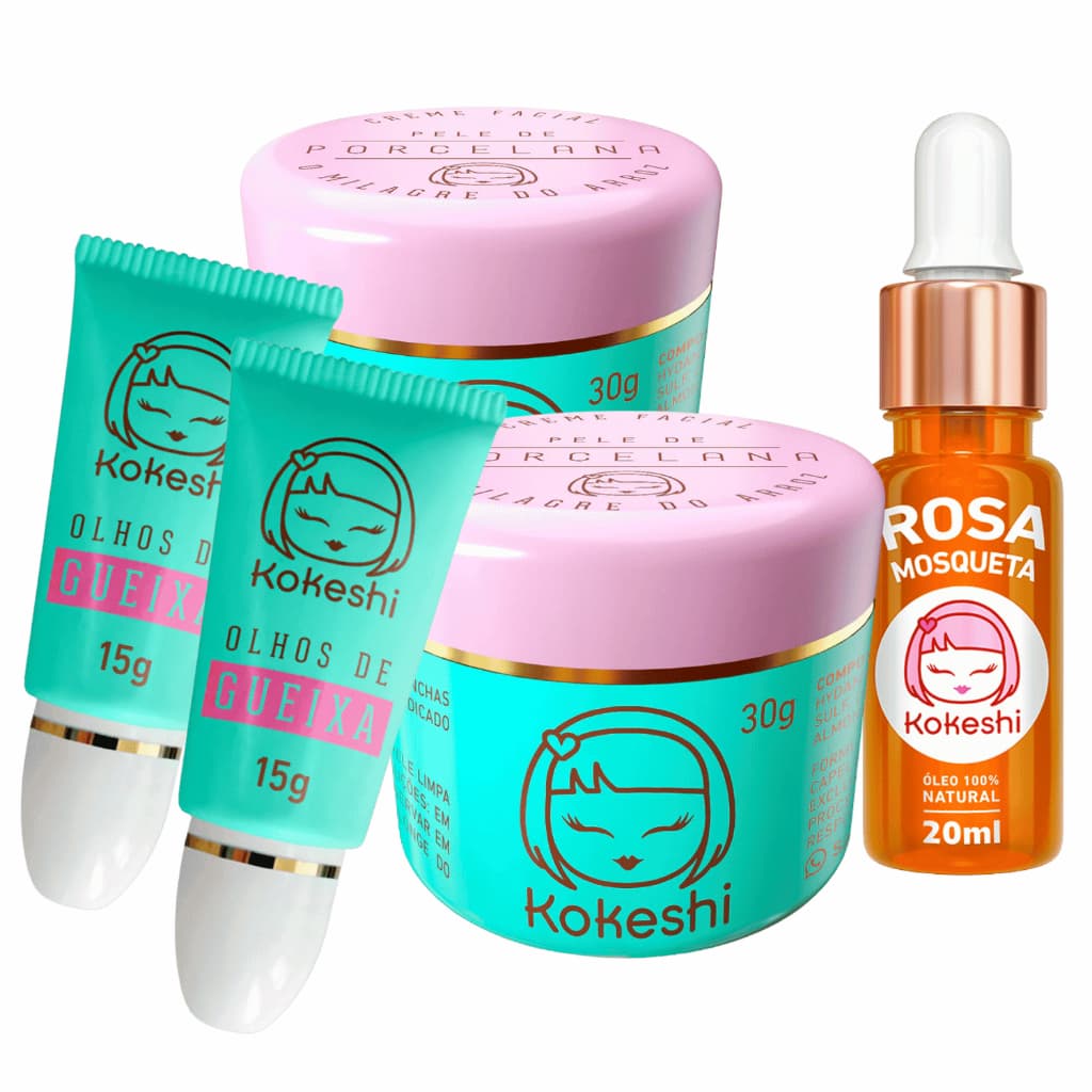 Kit Kokeshi Renovadores Faciais + Óleo de Rosa Mosqueta Super Kit Pele de Porcelana Vidro