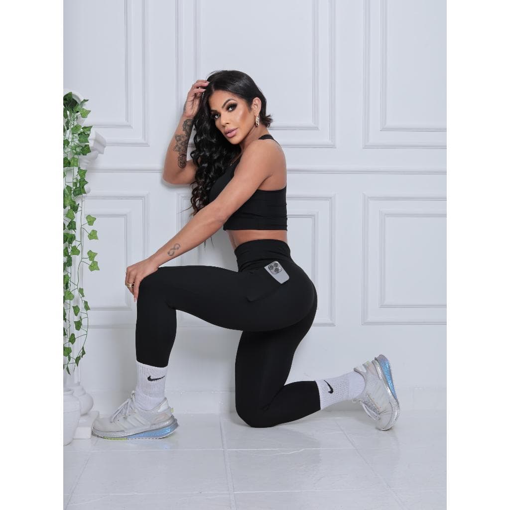Legging com bolso de poliamida feminina cintura alta Zero Transparência fitness academia