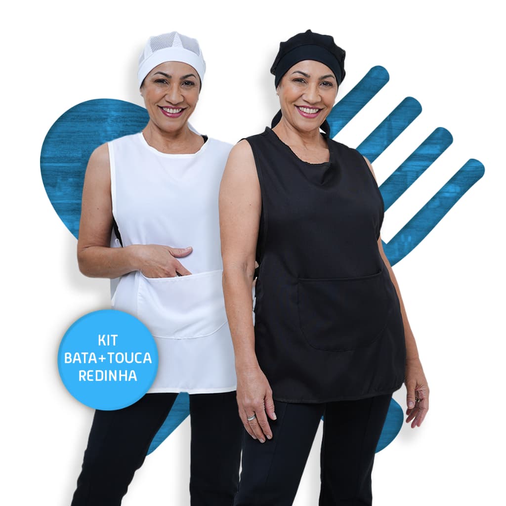 Kit Com Bata Avental e Touca Uniforme Limpeza Cozinha Restaurante Padaria Pizzaria