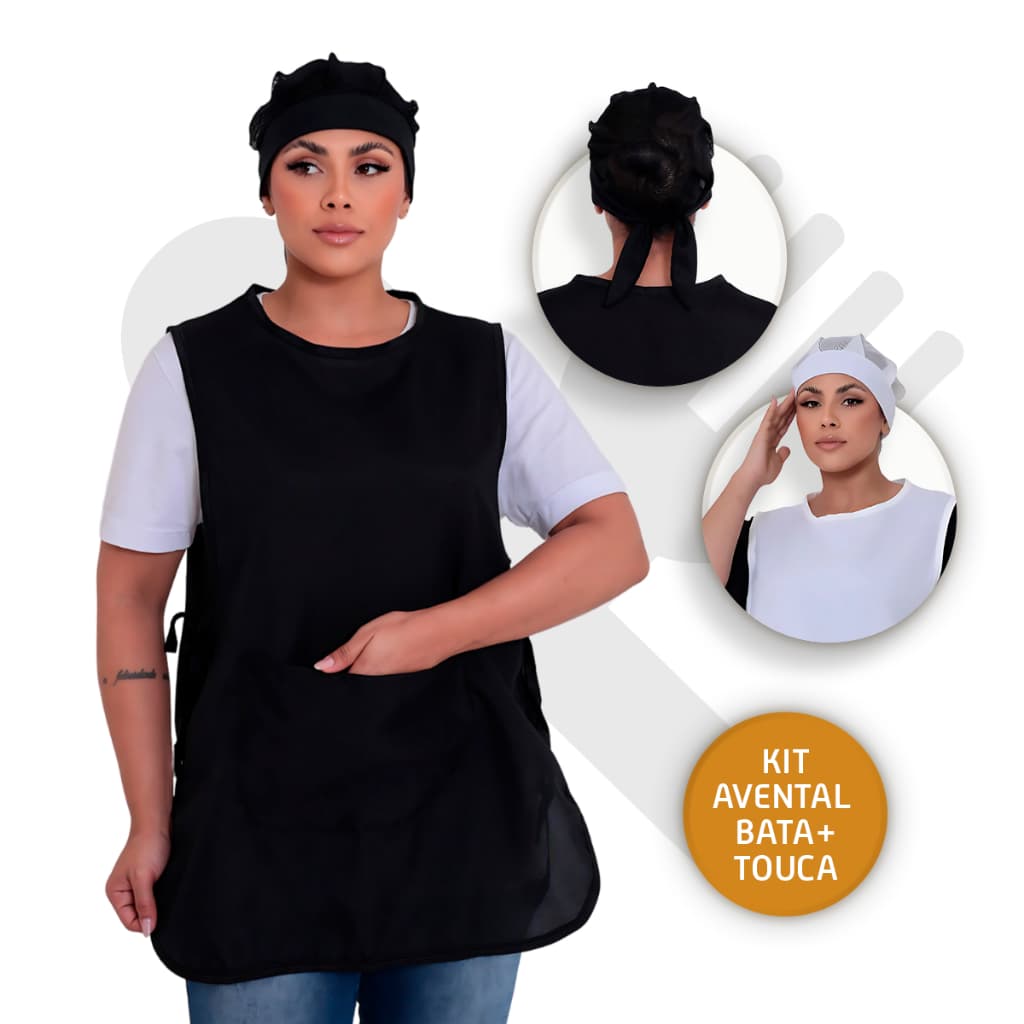 Kit Com Bata Jaleco Avental e Touca Lavável Uniforme Cozinha Restaurante Lanchonete