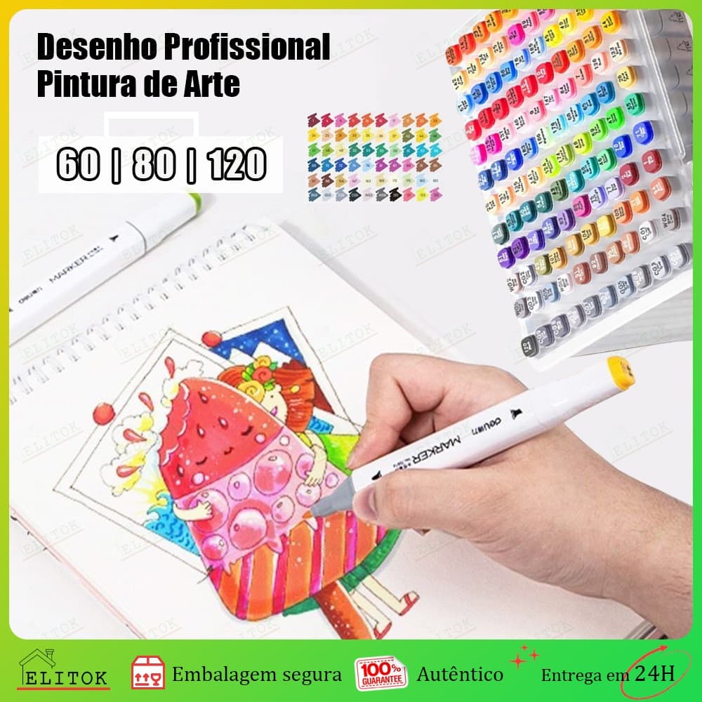 60/80/120 Cores Caneta Marcadora Touch Ponta Dupla  para Desenho e Pintura Artística com Estojo Organizador