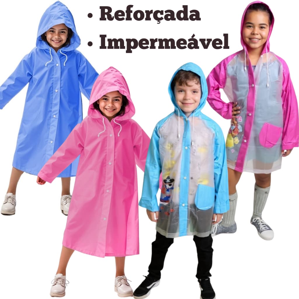 Capa de Chuva infantil Colorida - Reforçada Resistente Impermeável Com Capuz Unissex
