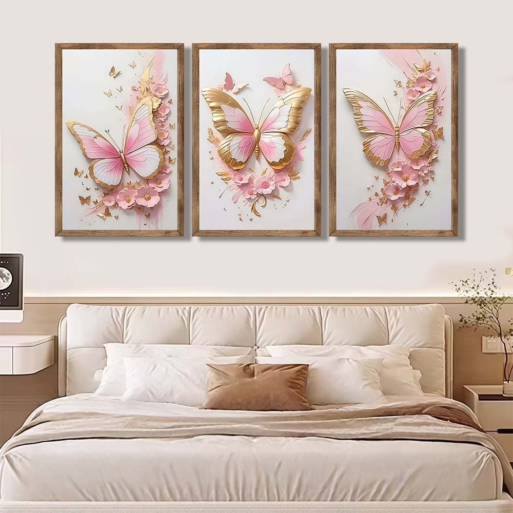 QKit 3 Quadros Decorativos Peças Borboleta Rosa Dourado Estilo Luxo para Sala de Estar Quarto ou Escritório