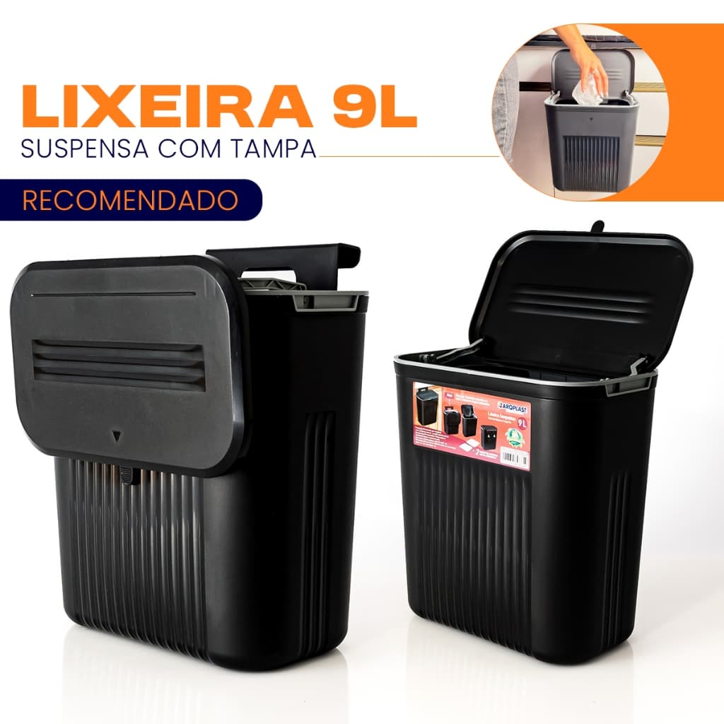 Lixeira 9 Litros Suspensa Preta Cesto de Lixo Para Banheiro Cozinha Escritório Quarto