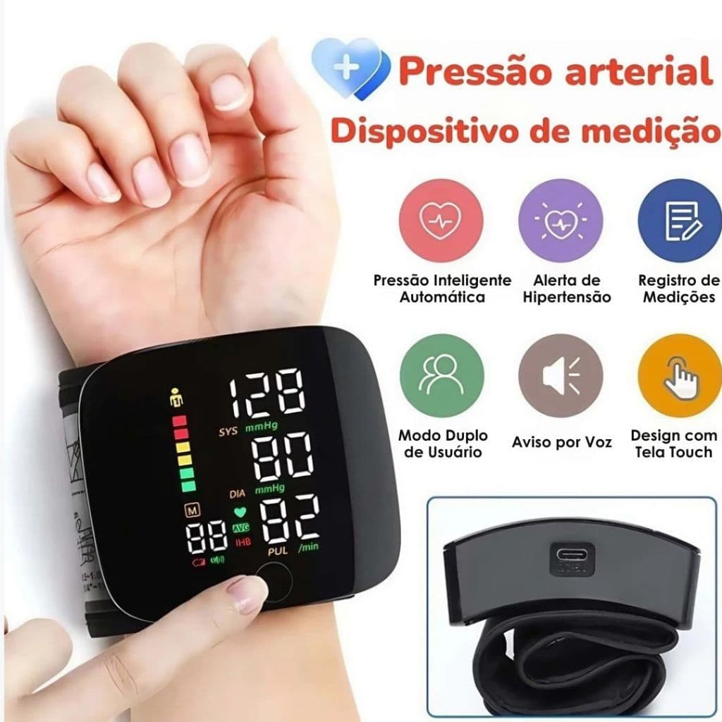 Aparelho de Pressão Digital de Pulso Recarregável · Alta Precisão ±3mmHg · Tela LED Colorida · Memória Dupla Usuário