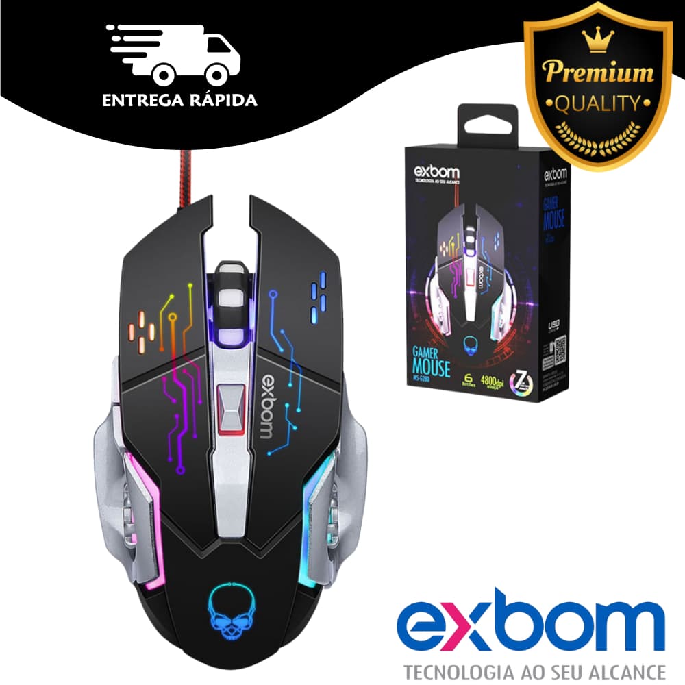 Mouse gamer 6 botões com LED RGB 4800 Dpi ajustável EXBOM MS-G280
