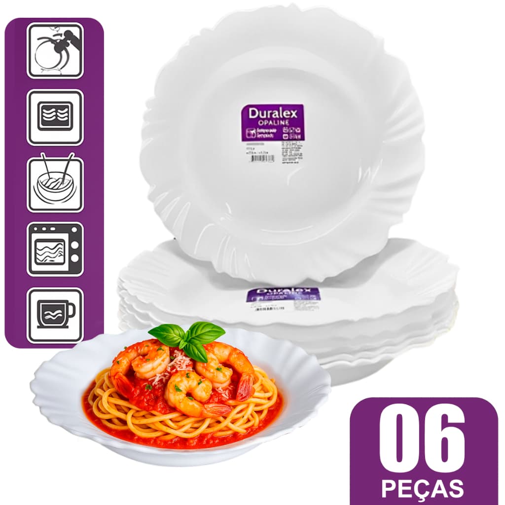 Kit Jogo 6 Pratos Fundo Petala Duralex Branco Opaline Vidro Temperado Resistente Pétala Almoço Janta