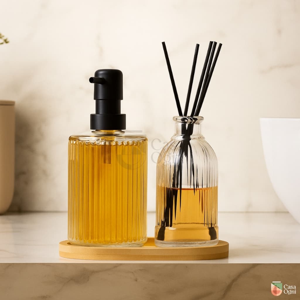 Kit Banheiro Porta Sabonete e Difusor Lines Banheiro com Bandeja de Bambu