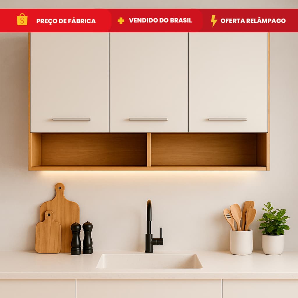 Armário Aéreo 3 Portas Cozinha Quarto Garagem Escritório com Nicho Multiuso Organizador