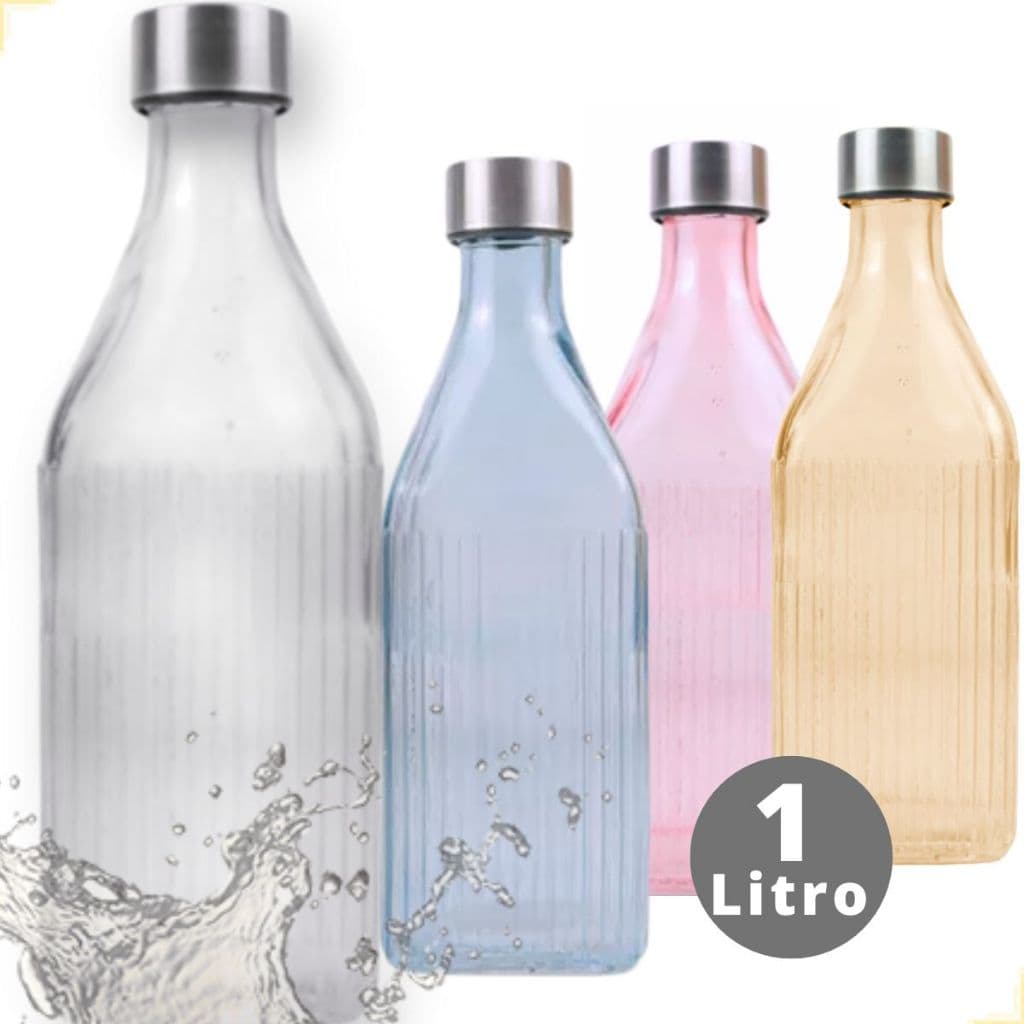 Garrafa de Vidro 1L Para Água Suco Geladeira Tampa Inox Colorida Canelada Filete Quadrada Hermética