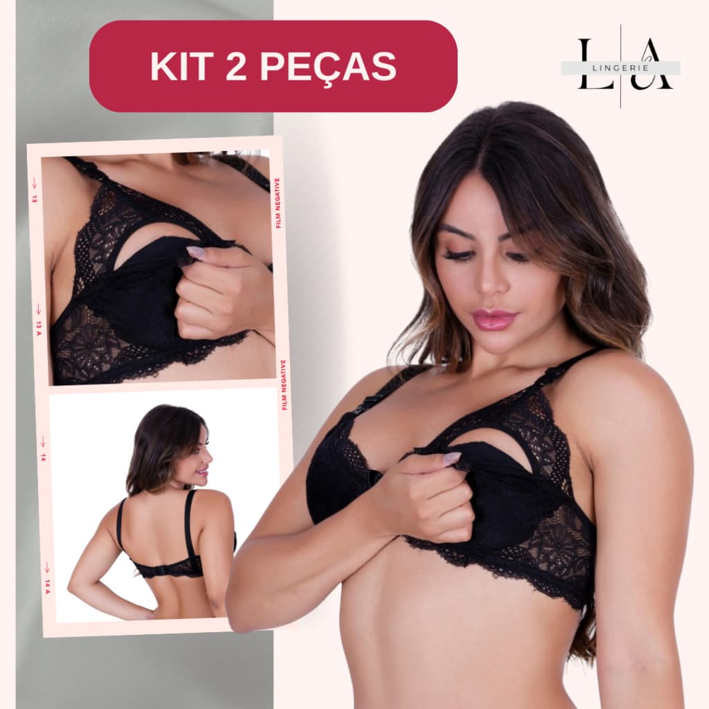 Kit 2 Sutiãs Amamentação Renda Reforçada | Fecho Frontal, Alças Largas e Conforto Diário