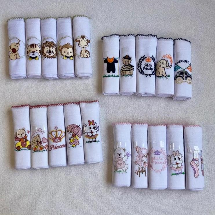 Kit de 5 Fraldas de Pano para Bebê Bordada Pano Duplo 100% Algodão