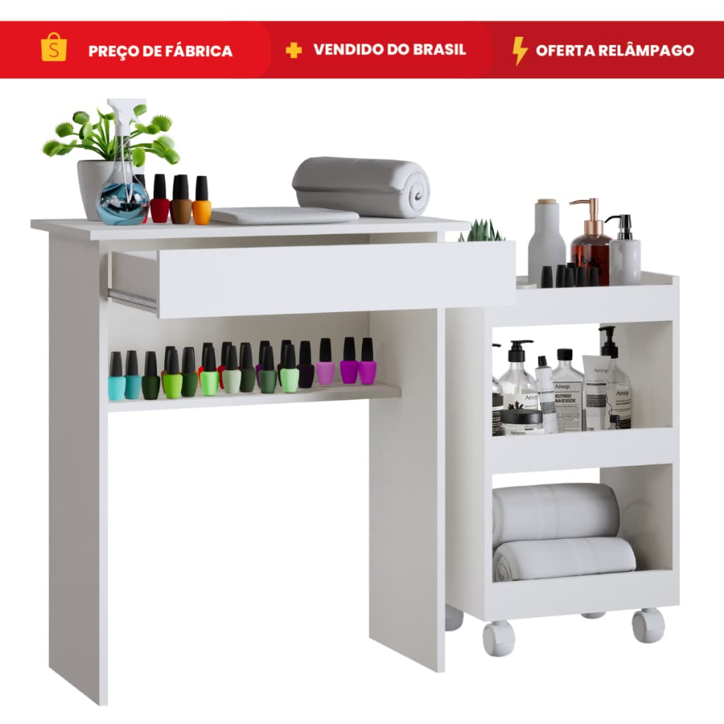 Kit Manicure Mesa com Gaveta para Equipamentos de Unha + Armário de Esmaltes com Rodinhas
