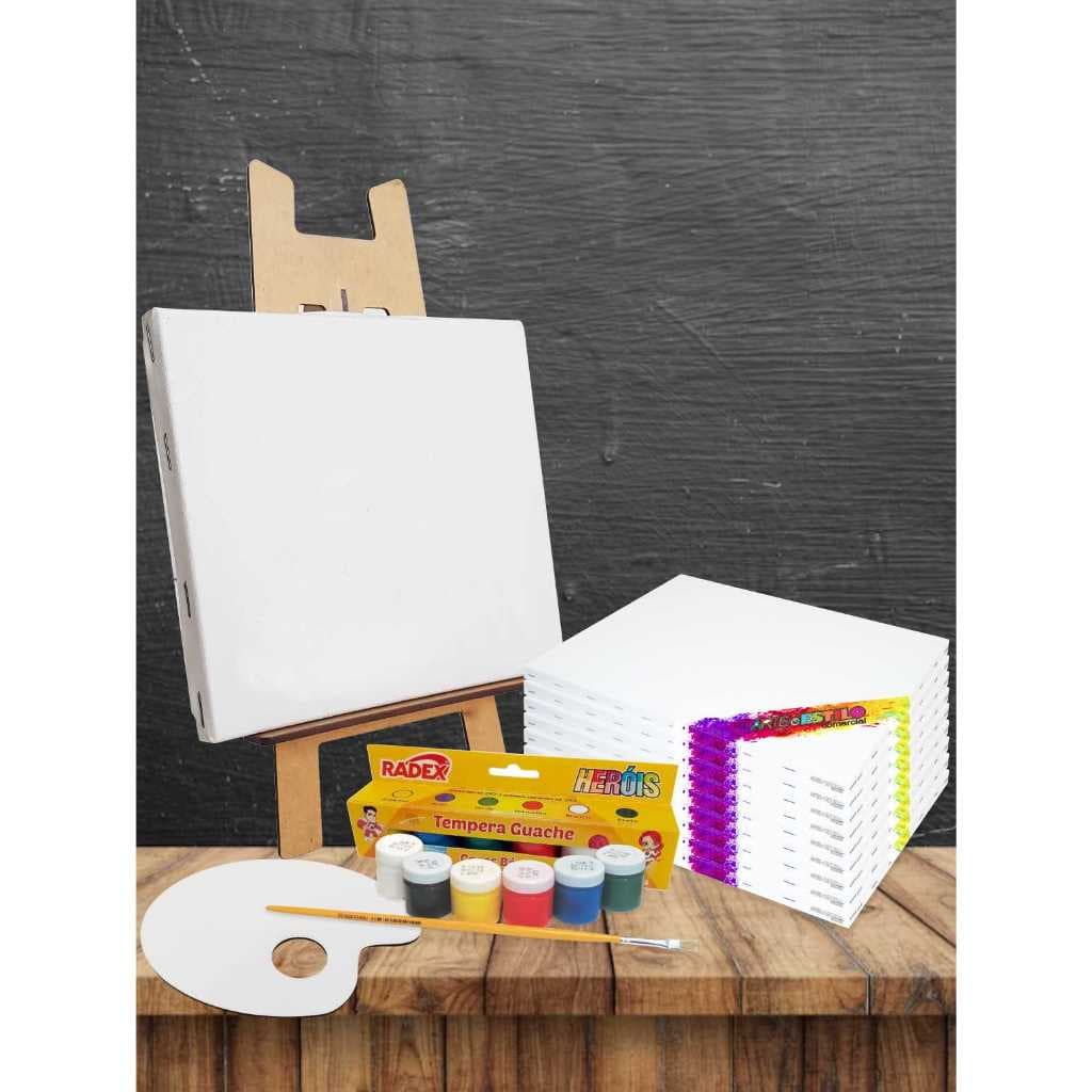Kit Pintura 5 Telas P/ Pintura +1 Cavalete + 6 Potes de Tintas + 1 Pincel + 1 Paleta para Tintas
