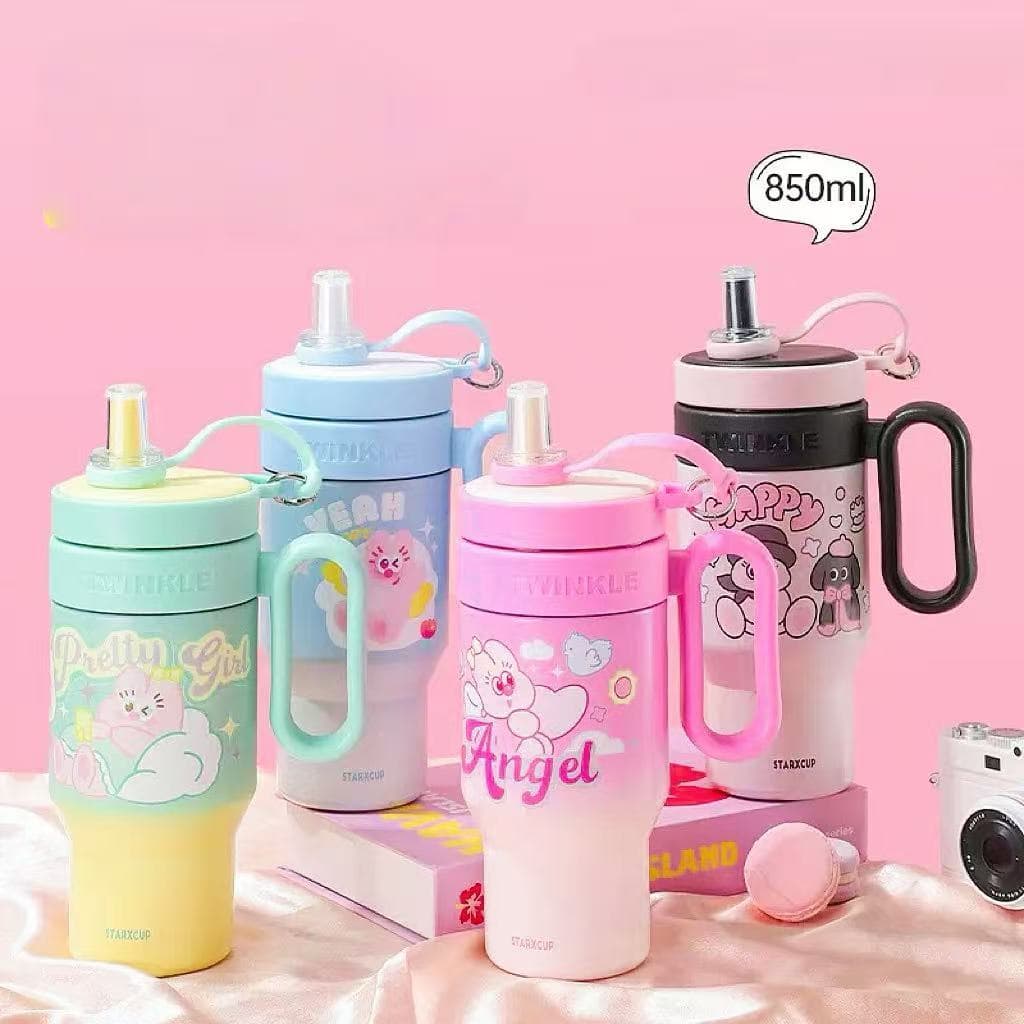 Copo Termico Infantil com Canudo 680ML/780ML OU 900ml Aço Inox Estilo Cute Garrafa Térmica de Água Estampado—B1802