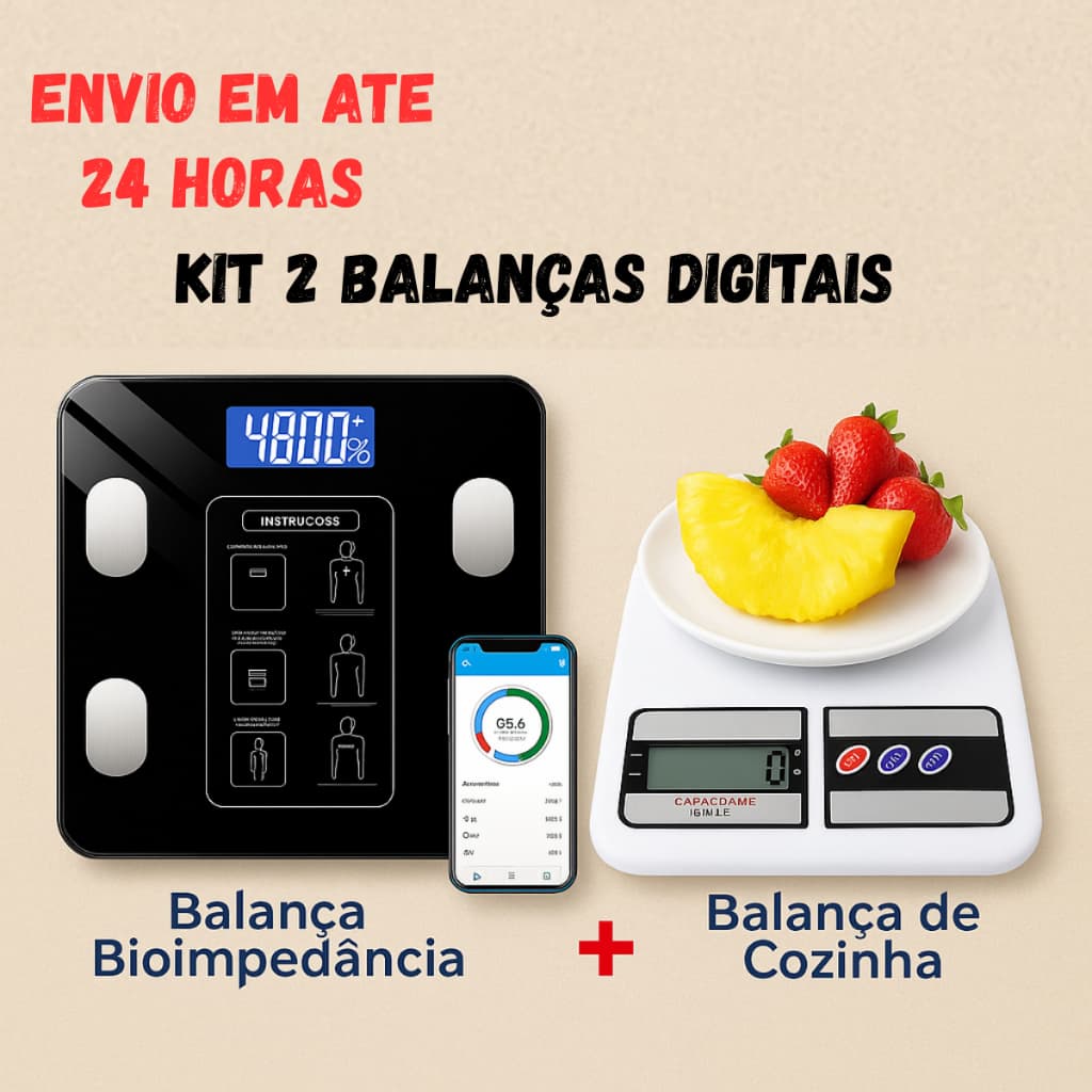Kit 2 Balanças digital Bioimpedância e Cozinha Fitness Academia Dieta Nutrição