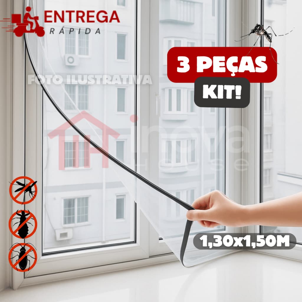 Kit 3 Tela Mosquiteiro Janela 130x150cm Removível com Fita Dupla Face e Fecho Contato Contra Insetos