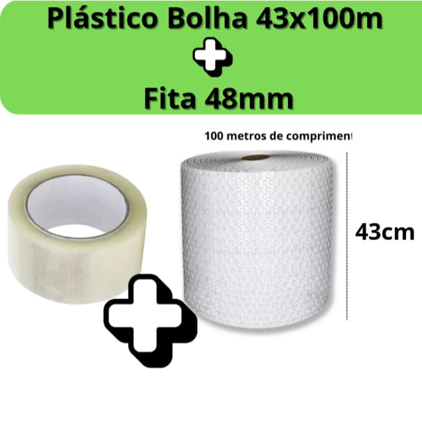 Plástico Bolha Bobina 43cm X 100  + Fita Durex 48mm Metros E-commerce 25 Micras Bolha Mudança