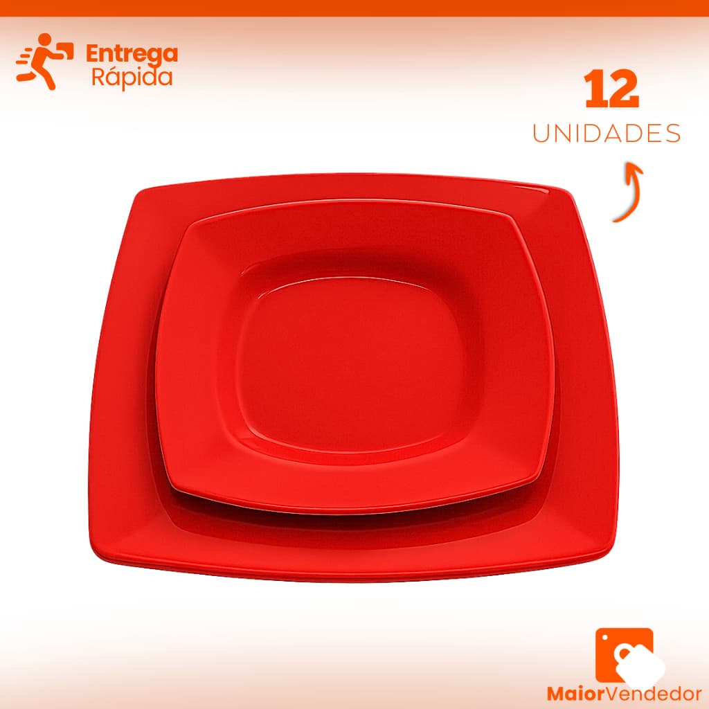 Kit 12 Pratos Vermelhos Quadrados 6 Pratos p/ Refeição + 6 Pratos p/ Sobremesa Festa Decoração