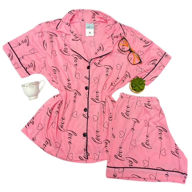 Pijama americano Feminino Short Doll  blogueira com abertura e botões estampas variadas malha