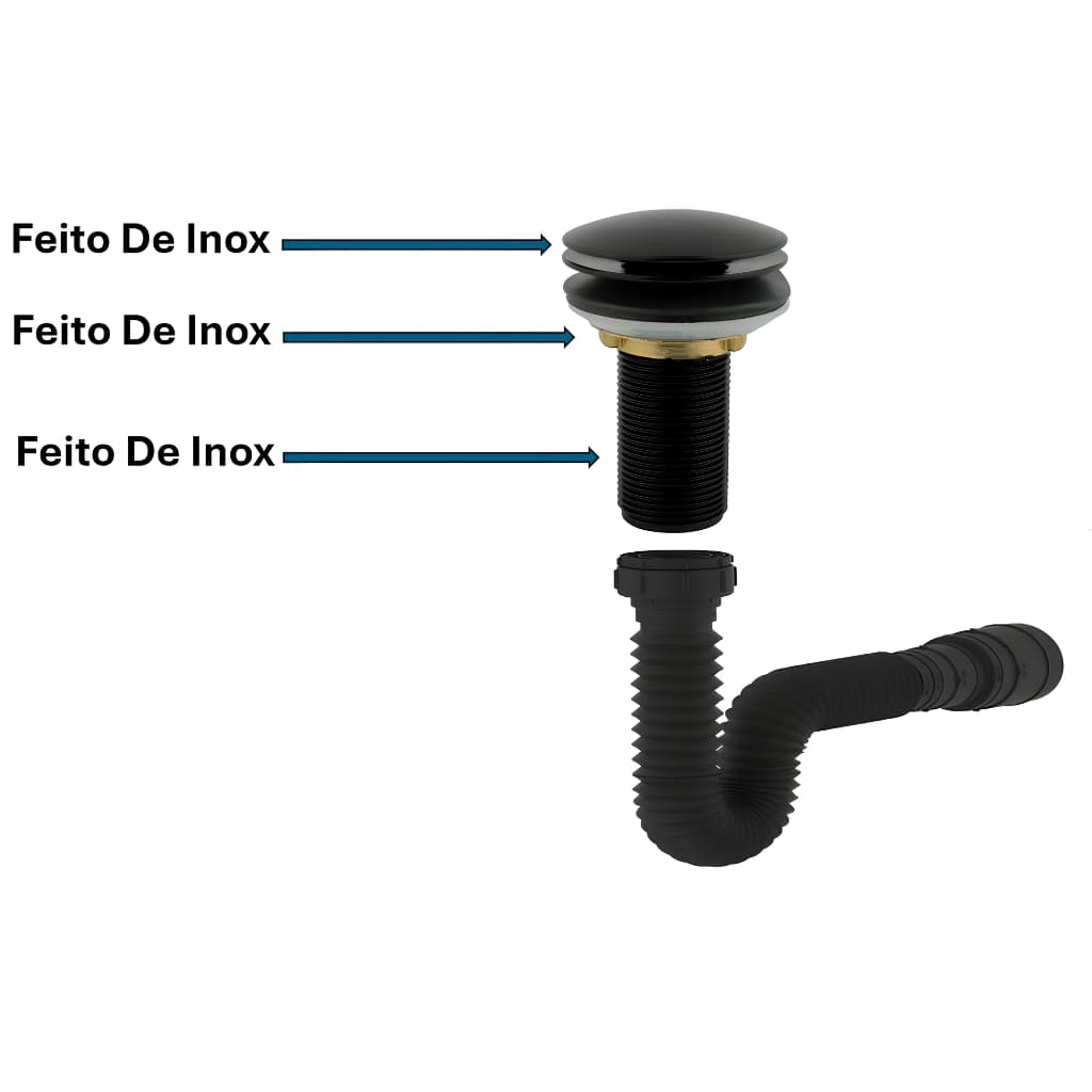 Válvula De Inox Clic Preta + Sifão Preto, Válvula Para Cuba Com Sifão