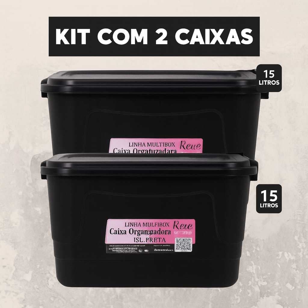 Kit Com 2 Caixas Organizadoras 15 Litros Com Tampa Vedação Organização Roupas Brinquedos Produtos Na Cor Preta Multiuso