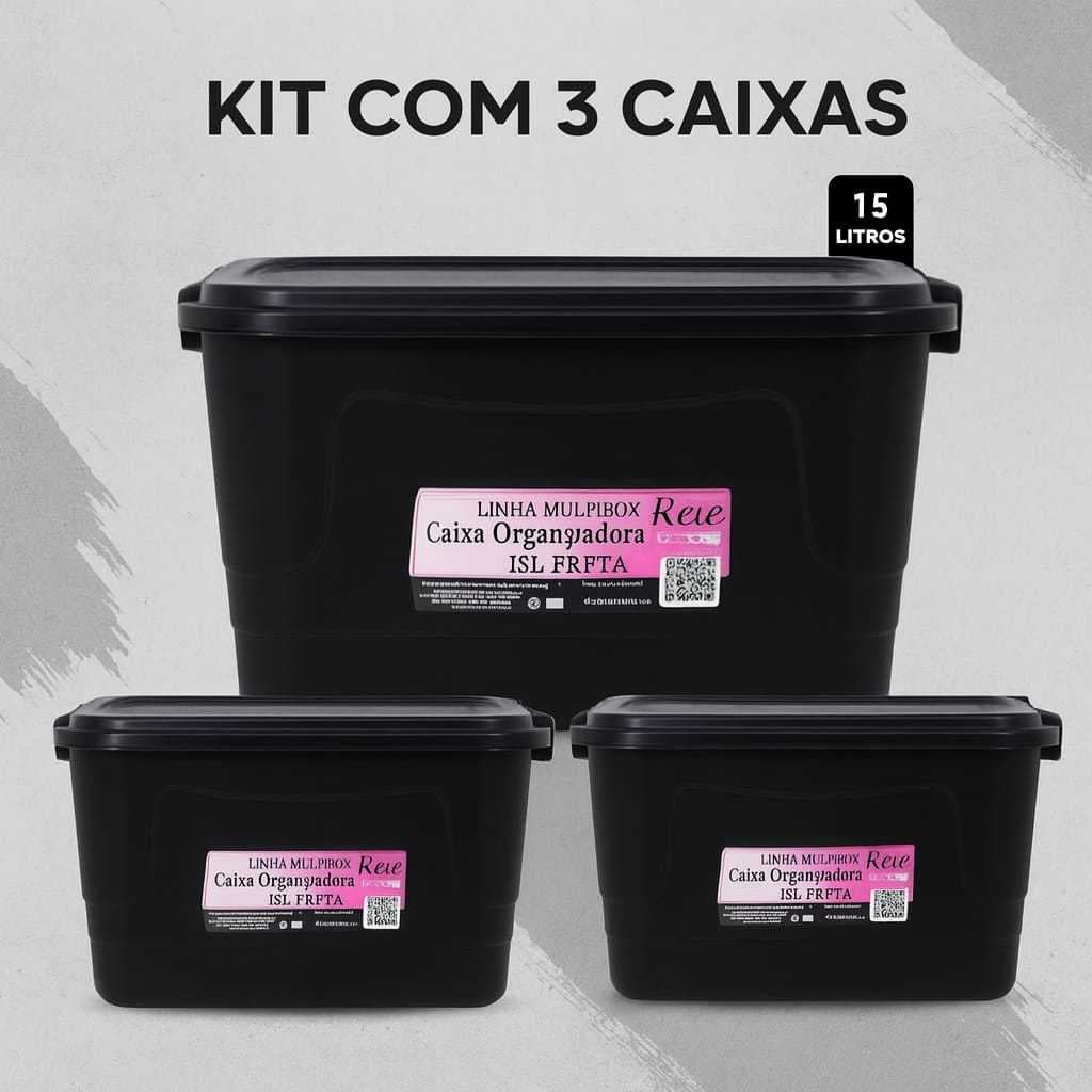 Kit 3 Caixas Plasticas 15 Litros Organizadoras Roupas Brinquedos Produtos Diversos Com Tampa Cor Preta  Multiuso Pratica