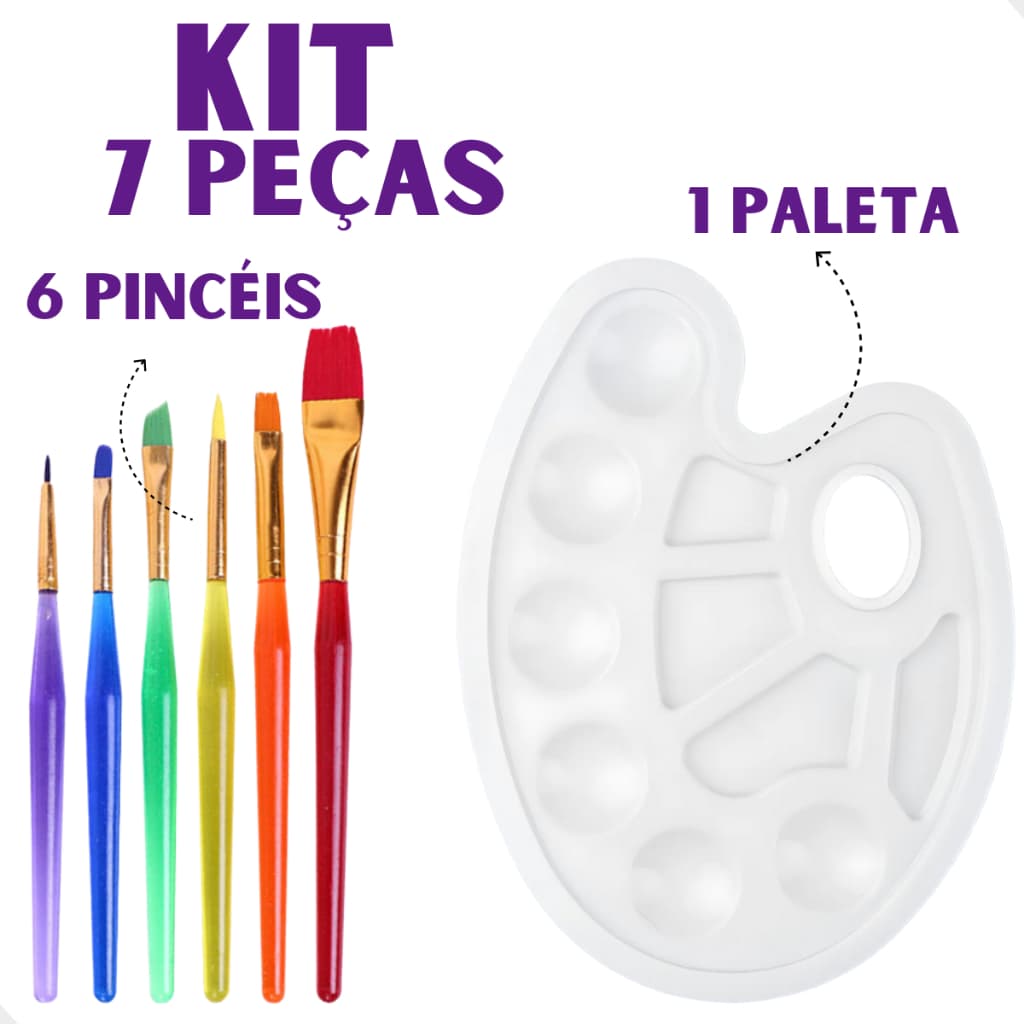 Kit 7 Peças Para Pintura Com Pincéis e Paleta Escolar